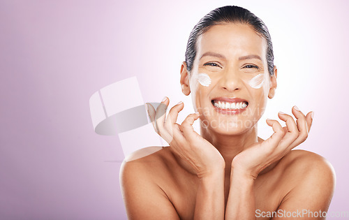 Image of Face smile, cream and skincare of woman in studio isolated on a purple background mockup. Mature, portrait and female model with dermatology lotion, creme and moisturizer cosmetics for healthy skin.