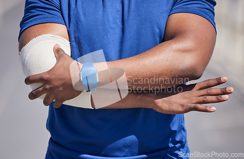 Image of Black man, arm pain and injury, first aid bandage and health, medical emergency with muscle tension. Wound, inflammation and swollen joint, arthritis or fibromyalgia, painful elbow with injured male