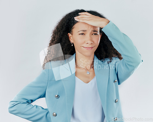 Image of Confused, headache and a woman looking tired isolated on a white background in a studio. Anxiety, frustrated and a young woman with a painful migraine, stressed and anxious about work on a backdrop