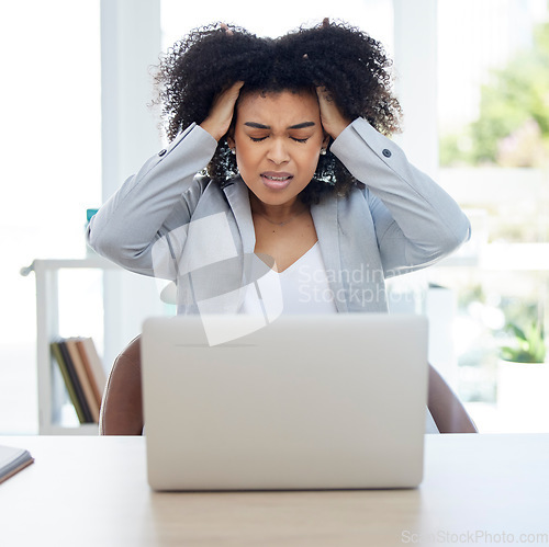 Image of Woman, laptop or pulling hair in stress for financial planning failure, crisis or investment fraud. Frustration, annoyed or anxiety for business worker on technology, finance mistake or phishing scam