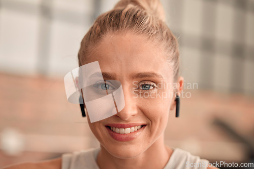 Image of Woman, face and happy in gym, earpods and listening to music for motivation to exercise with portrait and fitness. Health, active lifestyle and headshot with radio streaming, wifi and workout mockup