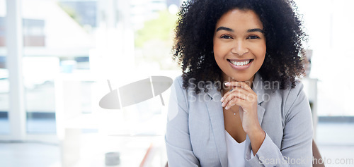 Image of Happy, space and portrait of a woman at office for success, executive job and corporate professional. Smile, pride and a female employee at an agency for business, career successful with mockup