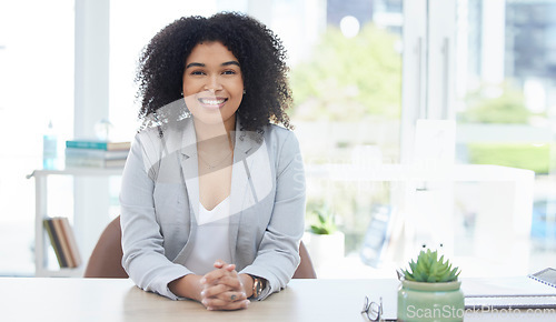 Image of Business woman, happy or portrait in job interview, we are hiring or recruitment meeting on mockup. Smile, face or corporate manager in human resources, hr or ready for recruiting employee assessment