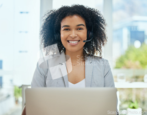 Image of Woman, laptop or smile portrait in call center, customer support or CRM consulting in contact us office. Happy, face or business receptionist on headset technology for communication, help or advice