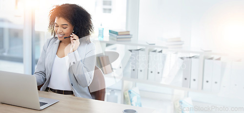 Image of Talking woman, laptop or smile in call center, customer support or CRM consulting on contact us mockup. Happy, speaking or business receptionist on headset technology in communication, help or advice