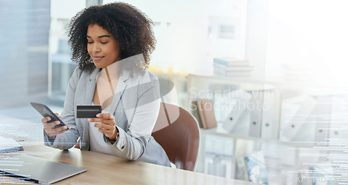 Image of Happy, woman or phone in credit card investment, financial growth or fintech software management on hologram code. Coding, abstract or data analytics overlay by worker on online shopping tech