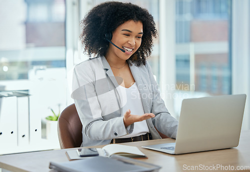 Image of Happy woman, laptop or talking in call center, customer support or CRM consulting in contact us office. Smile, speaking or business receptionist on headset technology in communication, help or advice