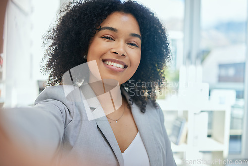 Image of Happy business woman, portrait or selfie in about us, company profile picture or social media introduction. Smile, face or self photography of worker in corporate financial office or friendly picture
