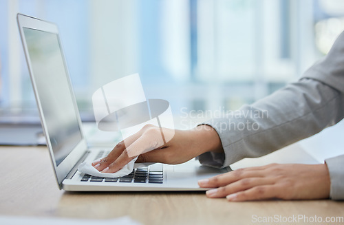 Image of Woman hands, laptop or cleaning cloth for hygiene, wellness or bacteria protection in corporate office. Business worker, technology or wiping dust for health maintenance, safety or virus disinfection