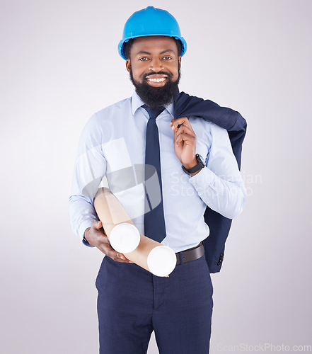 Image of Black man, architect and studio portrait with blueprint for design, project and property by white background. African architecture engineer, smile and excited face for real estate construction