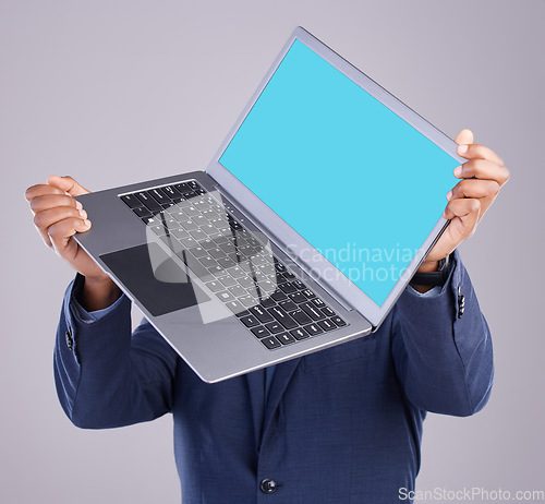 Image of Hands, laptop green screen and studio with man, mockup space or web design with suit by white background. African businessman, computer ux or blank for mock up, logo or corporate branding by backdrop