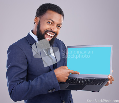 Image of Laptop, green screen and black man isolated on gray background portrait for business software mockup or product placement. Wow, excited or happy digital person with computer website mock up in studio