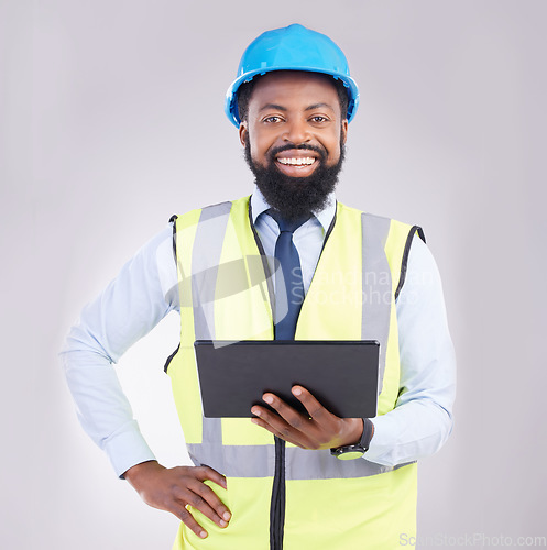 Image of Engineering, black man and tablet in studio portrait with smile, architecture and building design. Male architect, mobile touchscreen or excited face for property, development or project with app ux
