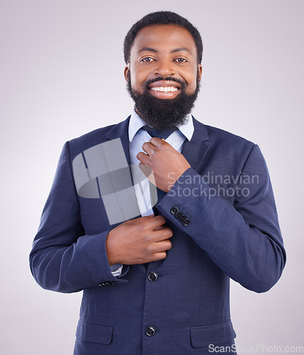 Image of Portrait, business and happy man fixing tie in studio of professional manager, leadership smile and gentleman. Corporate black male adjusting suit of CEO, confidence and happiness on white background