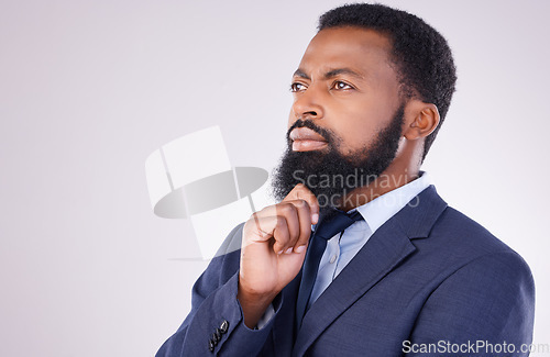 Image of Business, black man and thinking in white background of ideas, question and remember on mockup studio. Corporate male model think of solution, decision and memory of why, choice and visionary mindset