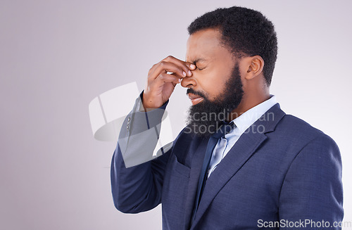 Image of Business, headache and black man in white background of anxiety, debt and frustrated on studio mockup. Corporate male, face and stress of pain, burnout and bankruptcy in problem of financial failure