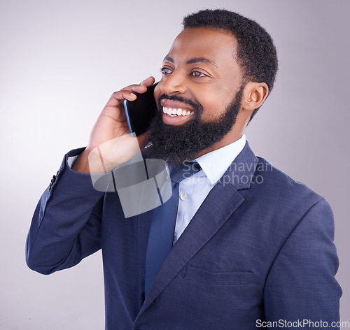 Image of Corporate black man, phone call and smile in studio for business conversation, hello and chat. Happy executive, male model and cellphone communication for mobile networking, contact and talk feedback