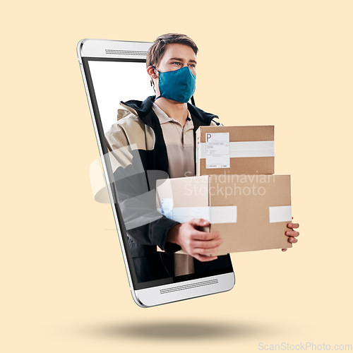 Image of Phone, man and 3d box for delivery, logistics or face mask for safety from covid by studio background. Logistics professional, boxes or smartphone ux for product, transport or job at shipping company