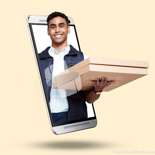 Image of Phone, portrait and pizza delivery app with a man on screen in studio against a cream background. Food, order and ecommerce with a male fast food courier on a mobile display for easy convenience