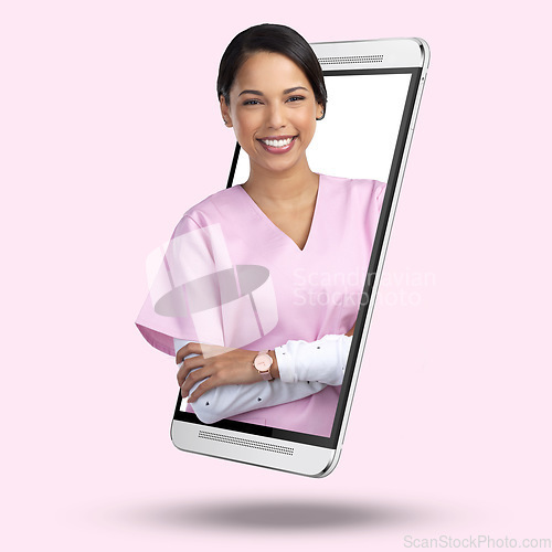 Image of 3d telehealth nurse, phone and online with screen, portrait and happy for app by pink background. Medic woman, face or smile for healthcare, advice or communication on internet for wellness service