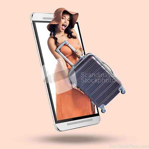 Image of Phone, woman and suitcase on 3d screen for portrait, happiness and summer vacation by studio background. Girl, young and excited face with bag for international travel, holiday and happy by backdrop