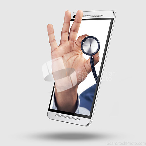 Image of Phone, hand and stethoscope on 3d screen for health care app, medical check or help by white background. Medic tools, telehealth or ux for healthcare, advice and results on web for wellness service