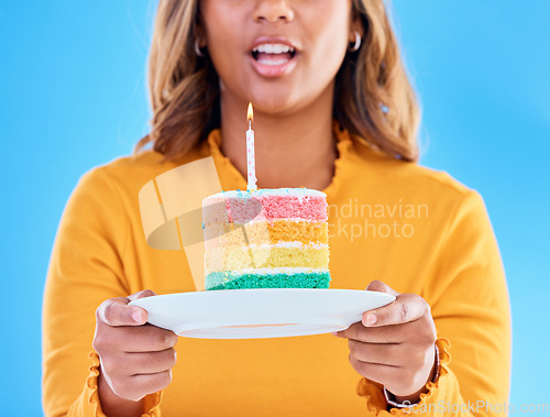 Image of Birthday cake, celebration and blowing a candle to celebrate a gift or present isolated in a studio blue background. Dessert, sweet and woman or person excited, happiness and happy for festive