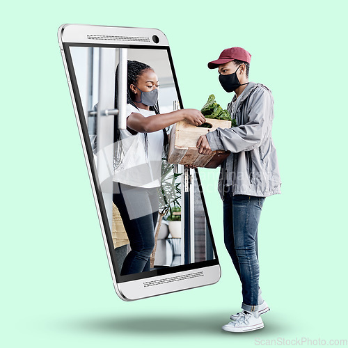 Image of Phone woman and 3d screen with delivery, box and groceries from black man with mask by green background. Ecommerce, logistics professional and vegetables for remote customer experience on smartphone