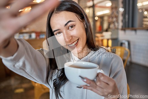 Image of Coffee shop, selfie portrait and woman with drink, espresso or latte promotion for student lifestyle or remote work. Happy person with profile picture update or face photography in cafe or restaurant