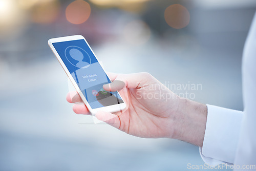 Image of Hand, smartphone and unknown call in city for woman from stranger, client or customer on network. Businesswoman, cellphone and answer anonymous caller for conversation, networking or talk in metro