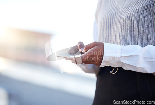 Image of Hands, phone and texting in street for woman with communication, networking or chat outdoor. Journalist, content creator and smartphone for social network, news lead and notes on mobile app in metro