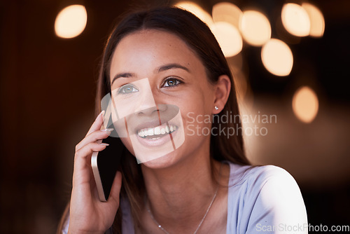 Image of Phone call, mobile communication and face of happy woman listening, talking and chat to digital networking contact. Discussion, smile or teen person smile, speaking and on cellphone conversation