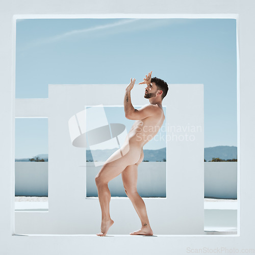 Image of Man model, naked statue pose and art deco frame of a male outdoor for fine and lgbt body artwork. Architecture, nude and live greek statues with person with power and homosexual figure for creativity