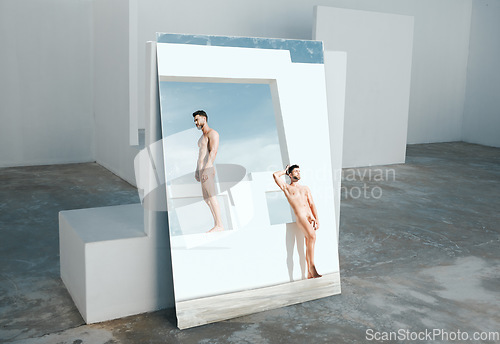 Image of Art, aesthetic and naked men in mirror, creative architecture and blue sky, muscle and lgbt body. Pride model, reflection and gay couple posing as artistic Greek statue with freedom in sun together.