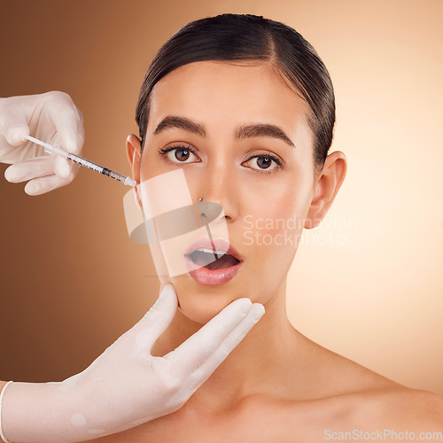 Image of Plastic surgery hands, surprise portrait and woman face with needle facial change, cosmetic process or studio skincare. Filler injection, wow healthcare or aesthetic female beauty on brown background