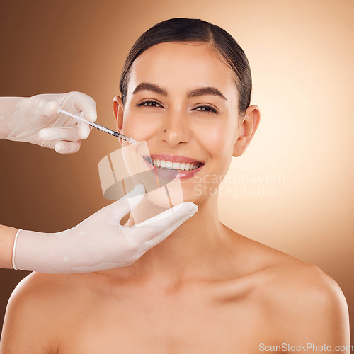 Image of Plastic surgery needle, face portrait or woman happy for facial change, cosmetic process or studio skincare. Filler injection, female healthcare hands or girl for aesthetic beauty on brown background