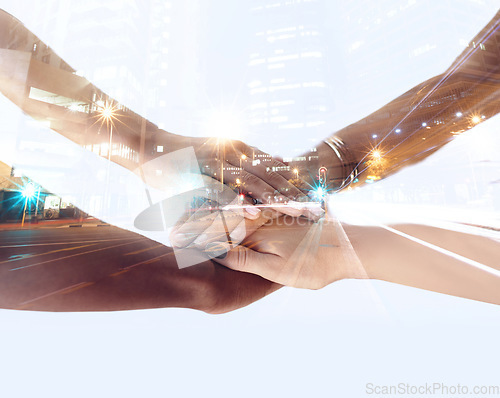 Image of City, double exposure and hands stacked of people teamwork, collaboration and connection in urban development. Group of employees, hand together sign and partnership in street mockup or night overlay