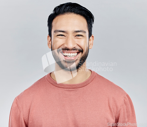 Image of Face portrait, smile and happy Asian man in studio isolated on a white background or backdrop. Funny, fashion and young, confident and proud, handsome male model or person with positive mindset.