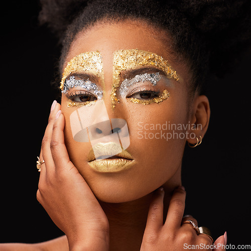 Image of Beauty, gold and makeup with portrait of black woman in studio for luxury, cosmetics or African pride. Natural, creative and goddess with female model on black background for queen, bronze or glamour