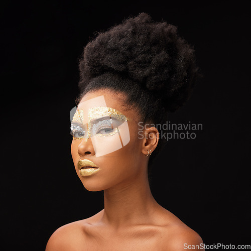 Image of Beauty, gold and portrait with black woman and makeup in studio for luxury, cosmetics and African pride. Natural, creative and goddess with female model on background for queen, bronze and glamour