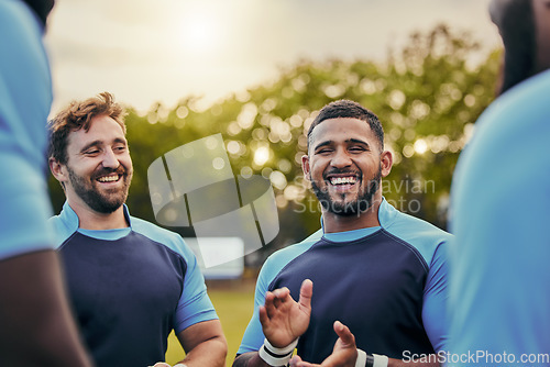 Image of Men, happy or laughing rugby team on fitness break, exercise workout or training in sports club game. Smile, funny friends relaxing or group of people bonding or talking in practice match together