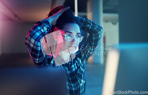 Image of Cybersecurity, password and woman hacker getting ready while working on a computer at night for phishing. Database, malware and ransomware with a female coder hacking a digital transformation network