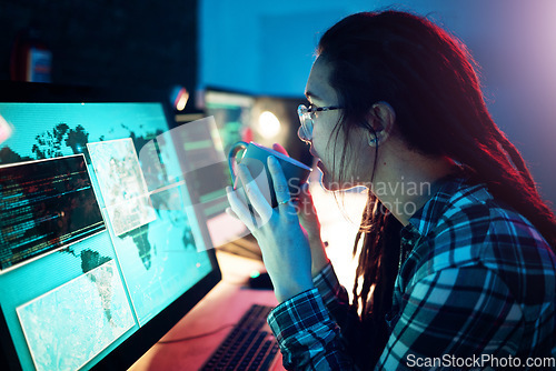 Image of Computer screen, coffee or cyber security woman hacker in dark room for coding, phishing or blockchain. Night, programmer ux or girl hacking online in digital transformation on global ai website