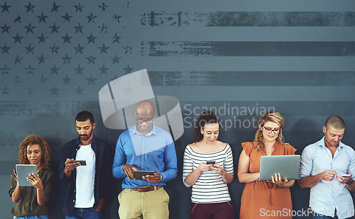 Image of Connection, composite and a group of people with technology for communication, social media and networking. USA, overlay and men and women using tech for networking, internet and online chat