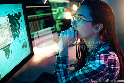 Image of Woman, computer screen and hacker thinking with software, data programming or cybersecurity. Idea, coder and female reading map for hacking, location or phishing, info on dark web at night in home.