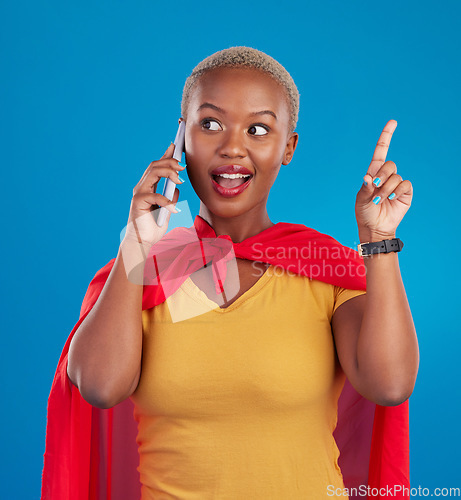 Image of Woman, phone call and superhero for talk by background in studio for idea, happy or customer service. Young african girl, model and super hero cape with chat, consulting or communication for advice