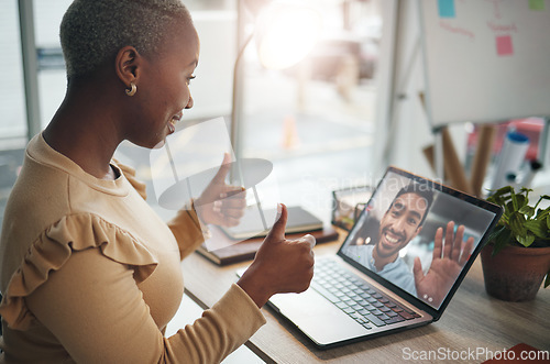 Image of Video call, thumbs up and people on laptop screen business, global communication or online meeting success. Like, yes and agreement hands of black woman and partner for virtual planning on computer