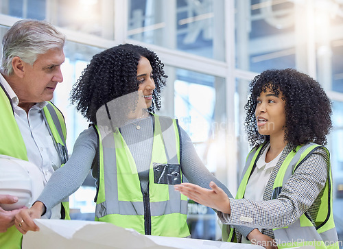 Image of Architect discussion, blueprint and planning teamwork on real estate property, architecture engineering or project site. Construction worker, diversity and people review infrastructure development