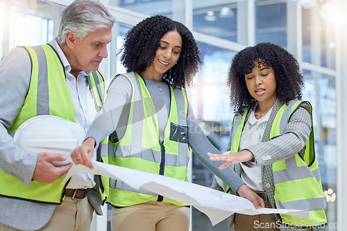 Image of Diversity architect, blueprint and planning teamwork on real estate property, architecture engineering or project site. Construction worker, illustration and people review infrastructure development