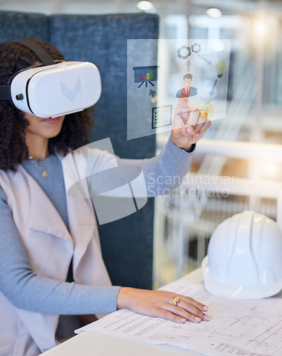 Image of Woman, VR and construction with blueprint in planning, UI or UX for project strategy or hologram at the office. Female architect touching virtual interface in architecture for floor plan or metaverse